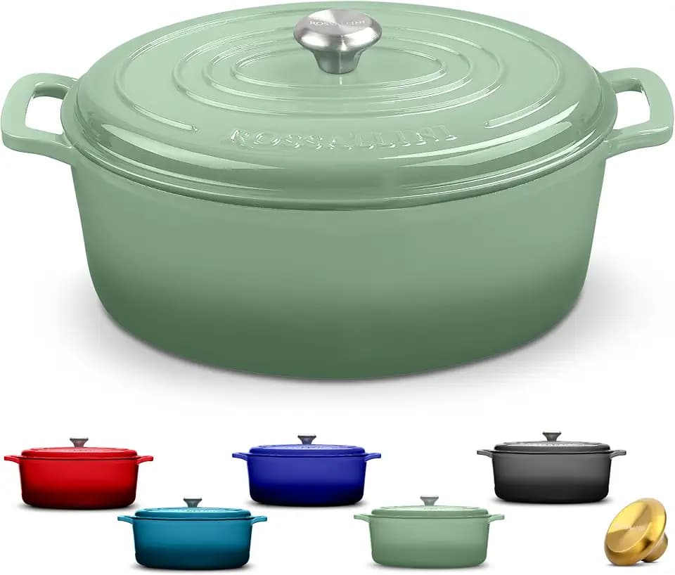Rossallini Enameled Cast Iron Oval Dutch Oven Pot with Lid, 5 Quart, Sage