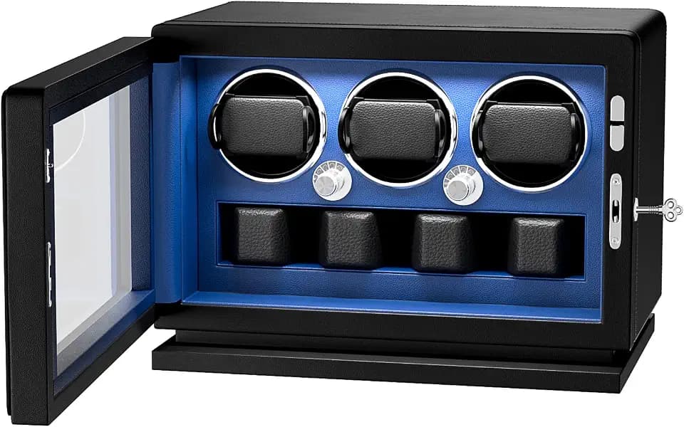 Micro Fiber Leather Watch Winder for 3/4/6 Automatic Watches, 2-in-1 Key Lock Watch Winding Case with 4 Rotating Modes, Adjustable Watch Pillows, Quiet Motor and White Light for Man and Women