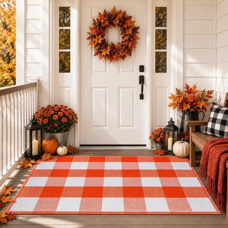 3 x 5 Ft Orange Buffalo Plaid Outdoor Rug Waterproof Reversible Mat