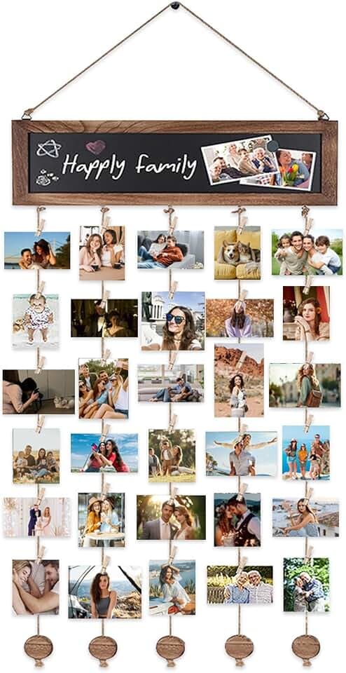 Fotovorhang Bilderrahmen Collage Holz, Diy Fotowand Aufhängen für mehrere Bilder, Kunstwerk hängende Fotorahmen mit 30 Holzklammern für Wanddekoration