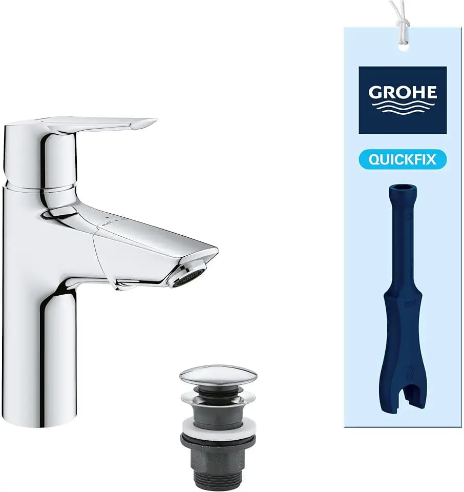 GROHE Start, Badarmatur für Familien, wassersparend (herausziehbarer Wasserhahn für das Bad, mit Pop-Up Ablauf, 19cm hoch, mit 3in1 Werkzeug, einfache Installation am Waschbecken), chrom, 24205003