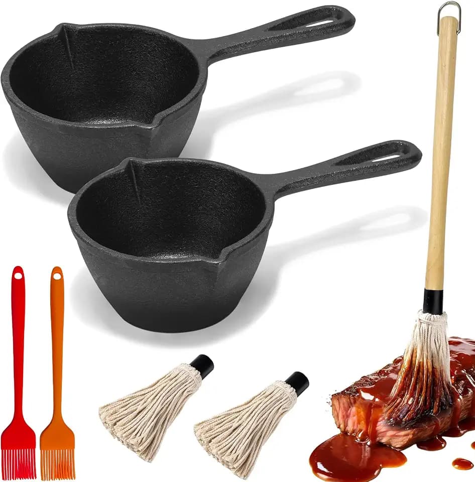 Cast Iron Basting Pot and Sauce Pan Set – Small Cast Iron Melting Pot for Butter, Sauces, Garlic – Perfect for Grilling, Camping, Kitchen & Outdoor Stove Use – Premium BBQ Accessories