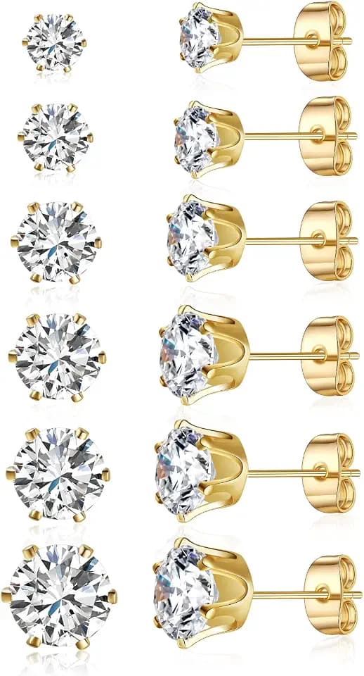 Gemsme 5 Pairs Princess Cut Cubic Zirconia Stud Earrings for Women/Men - 18K Gold Plated Hypoallergenic 3-7mm Square Clear CZ Earring Set