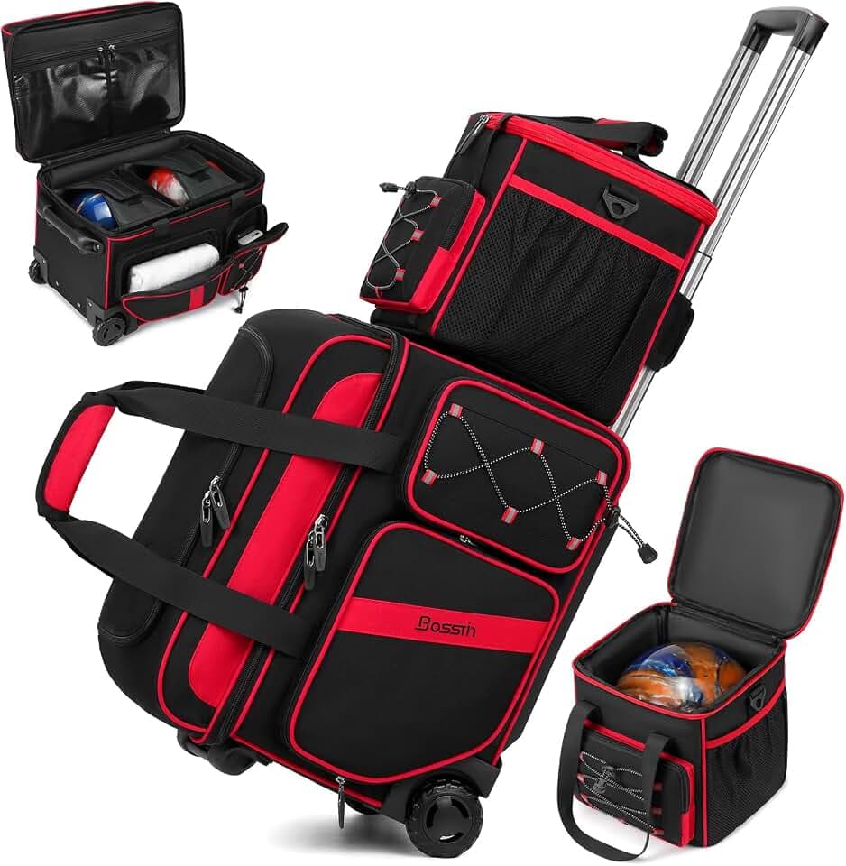 BOSSTIN 3 Ball Bowling Bag with Wheels, 2 Ball Roller with Add-on Tote