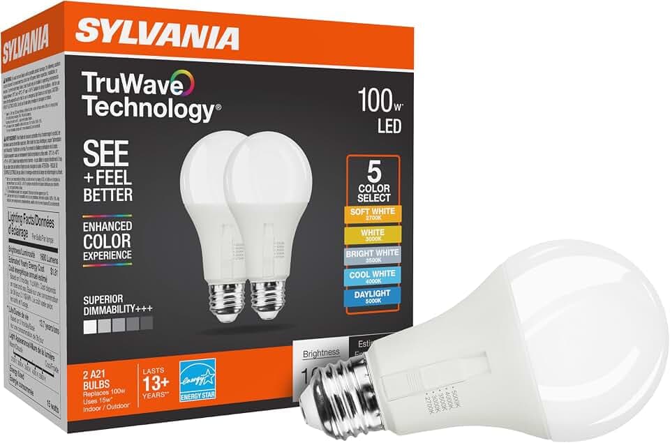 Sylvania TruWave A21 LED Light Bulb, 15W = 100W, 5 CCT Select 2700/3000 / 3500/4000 / 5000K, Dimmable, 1600 LMS, Frosted Finish (42110) 2 Count (Pack of 1)