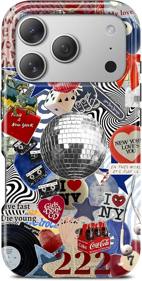 for iPhone 17 Pro Max Case, Aesthetic Coquette Collage Phone Case, Compatible with Magsafe, Cute Trendy Balls Y2K Glitter Retro New York Slim Shockproof Protective Women Girl Men Cover