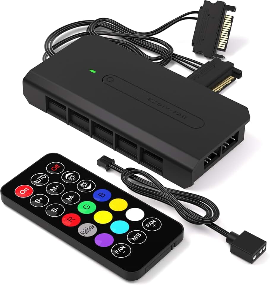 EZDIY-FAB 10 Ports RGB Fan Hub-I für PC-Gehäuselüfter,Unterstützt 6-pin EZDIY-FAB RGB-Lüfter,mit 2X 5V 3Pin Ports für ARGB-Geräte,mit SATA-Stromkabel und Fernbedienung,Motherboard Sync