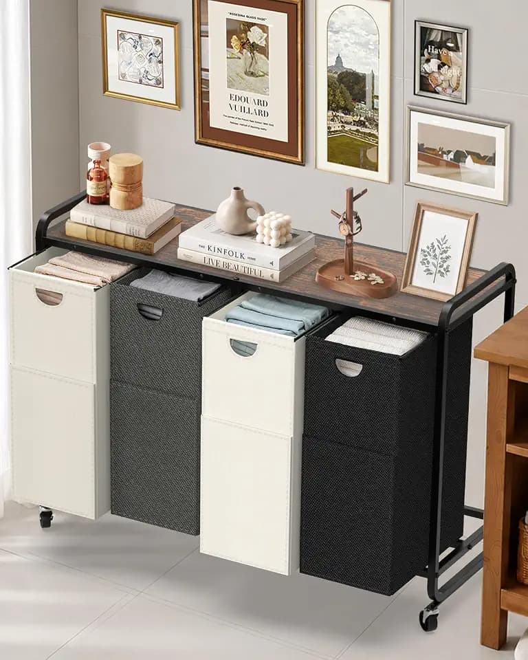 Laundry Sorter 4 Section,Laundry Basket with Wheels,4×15.8 Gal (60L) Laundry Hamper Organizer with Large Wooden Desktop Sorter,Pull-Out and Removable 900D Oxford Fabric Laundry Bags for Laundry Room