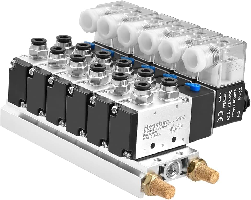 Heschen Elektrisches Pneumatisches 6 Magnetventil 4V210-08, DC 12 V, PT1/4, 5 Wege 2 Positionen, Verteilerbasis, Schalldämpfer, Schnellbefestigungs-Set