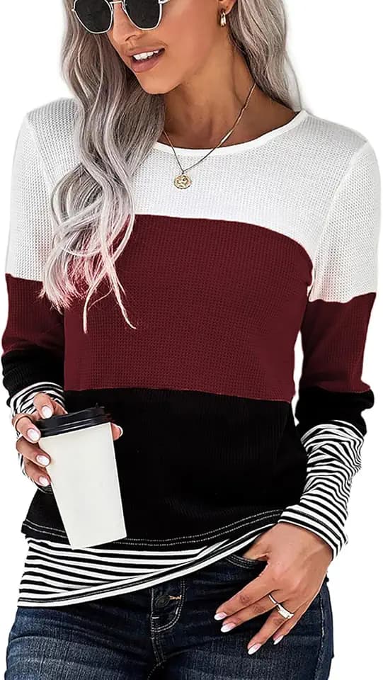 SMENG Shirt Damen Langarm Locker Sexy Oberteil Bekleidung Color Block Tunika Bequemes Hemdbluse Pullover Elegant Coole T-Shirts Casual Tops Weinrot S
