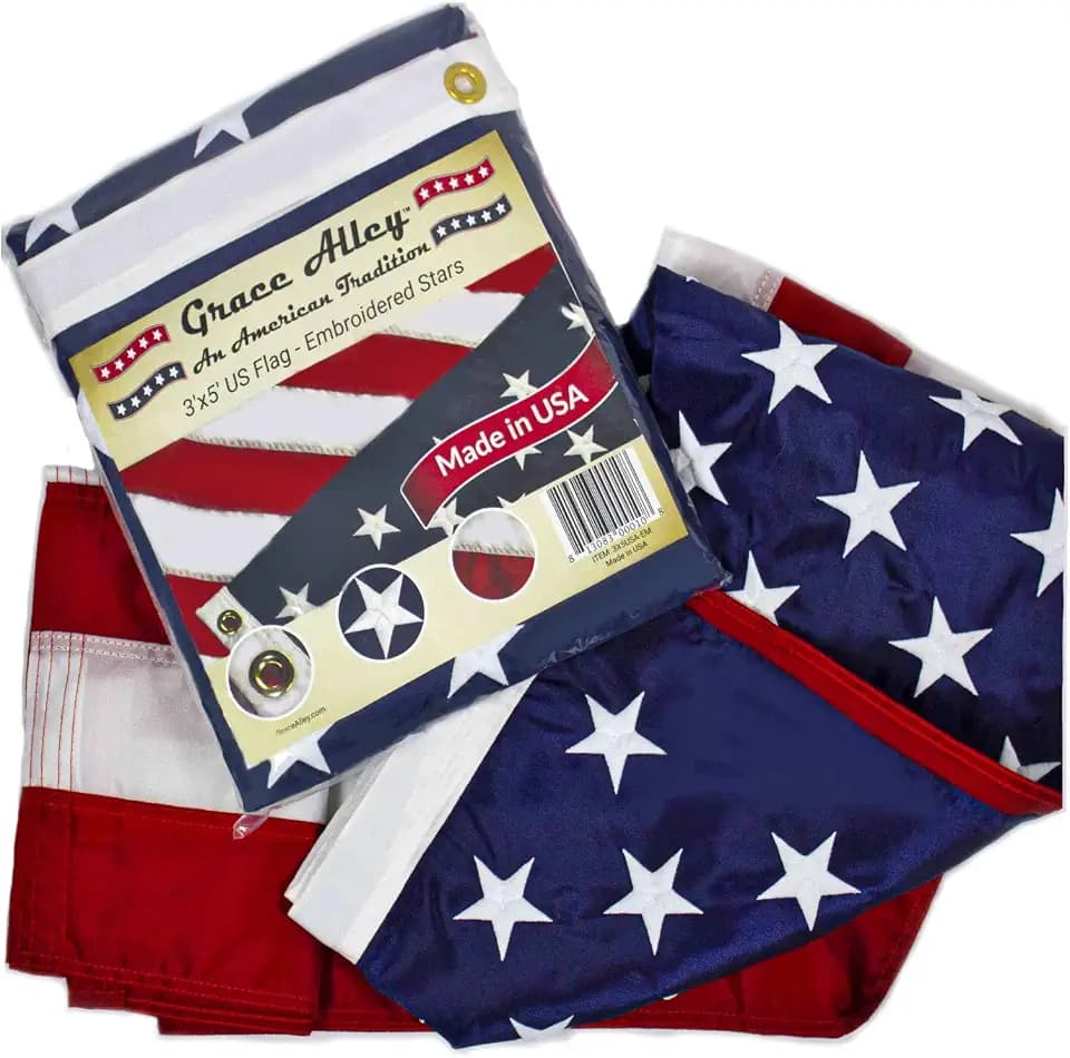 Grace Alley American Flag: 3x5 FT US Flag - 100% Made in USA. Embroidered Stars, Sewn Stripes and Brass Grommets. Fade Resistant, Heavy Duty, Long Lasting Nylon for Outdoor Durability.