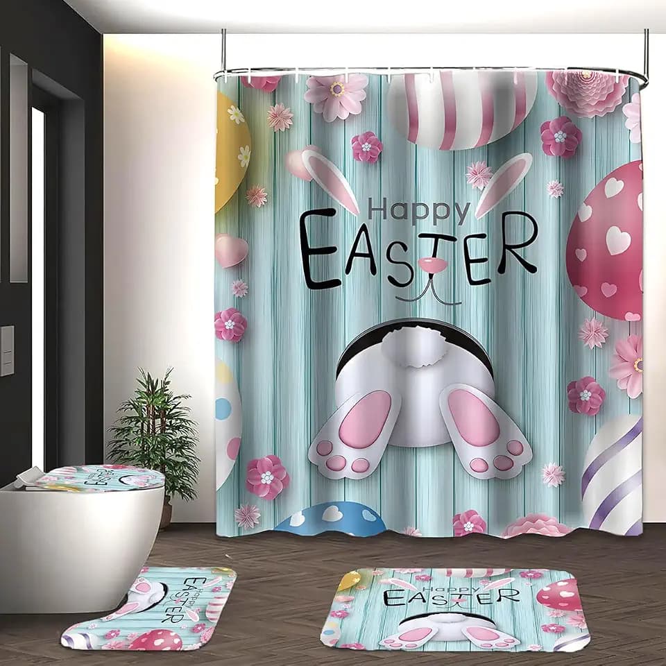 Easter Shower Curtain for Bathroom Rabbit & Eggs Watercolor Shower Curtain,Spring Colorful Bathtubs Polyester Fabric Curtains Decoration Set with Hooks Washable Fabric 71" x 71"
