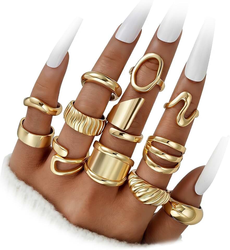 Gold Stackable Rings Set for Women, Gold Plated Chunky Crystal Finger Rings