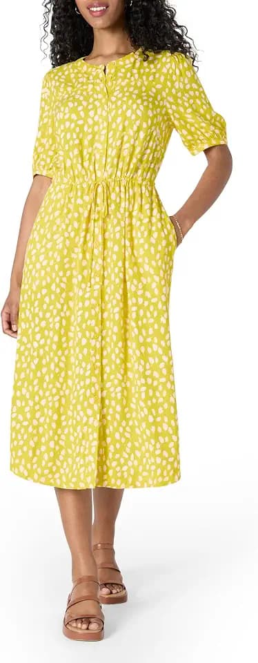 Amazon Essentials Damen Relaxed Fit Atmungsaktives Midi-A-Linienkleid mit Halbärmeln, Vorderer Knopfleiste, Kordelzug in der Taille und Taschen
