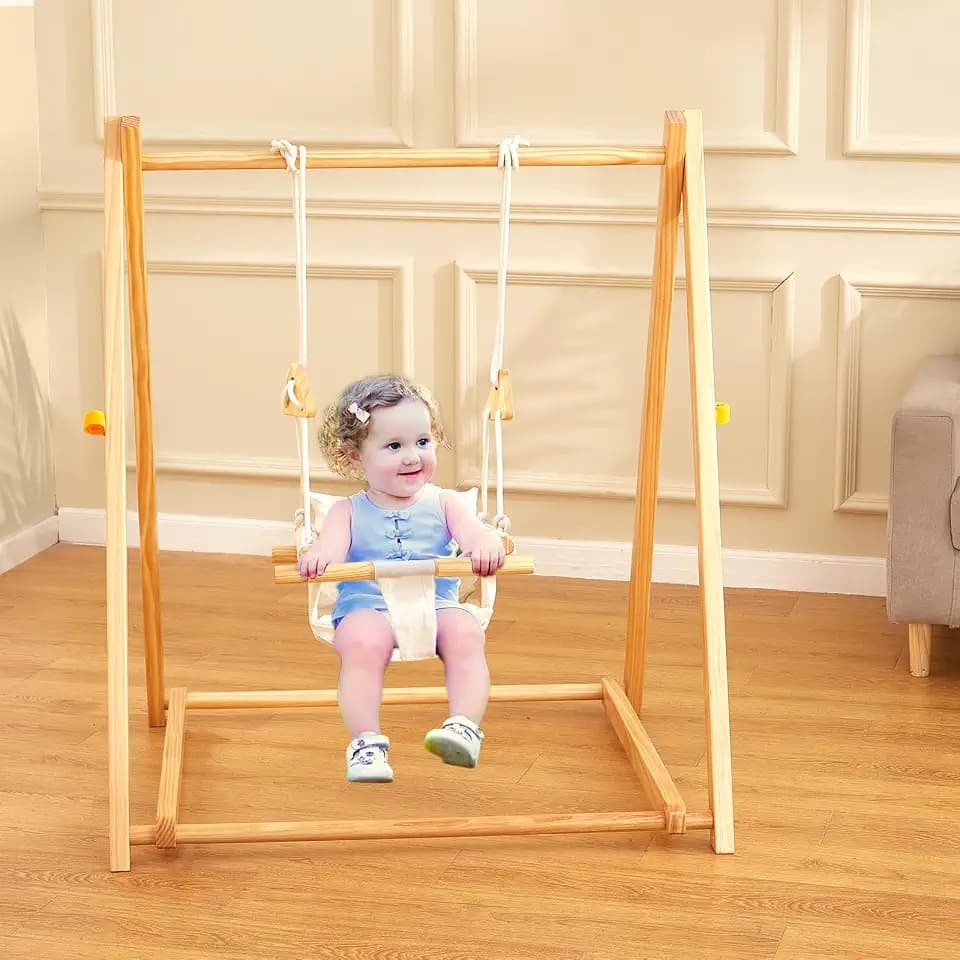 FUNLIO Montessori Wooden Swing Set for Toddlers 6-36 Months, Foldable Indoor Baby Swing Set of Durable Pine, Portable with 4 Sandbags &Extension Straps, Toddler Swing for Indoor/Outdoor