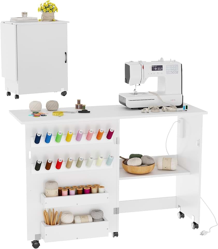 Folding Sewing Machine Table with Charging Station, Rolling Craft Table with Lockable Wheels, Storage Trays & Shelf, Pegs, Magnetic Locks, Foldable Sewing Machine Cabinet Desk for Small Spaces, White