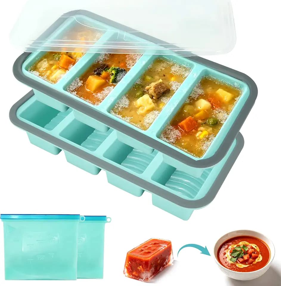 2 Stück Extragroße Silikon Gefrierbehälter mit Gefrierbeuteln, 1000ML Souper Cube Silikon Gefrierform mit Decke, Silikon-Gefrierbehälter Stapelbare Silikonbehälter für Suppe, Sauce (4+4)