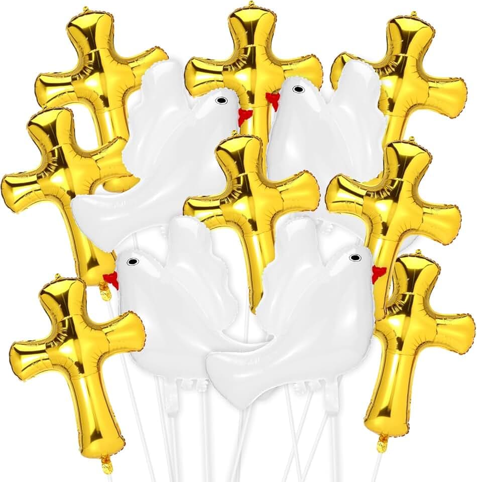 Hungdao 12 Pcs First Communion Balloons Cross Dove God Bless 34", Gold