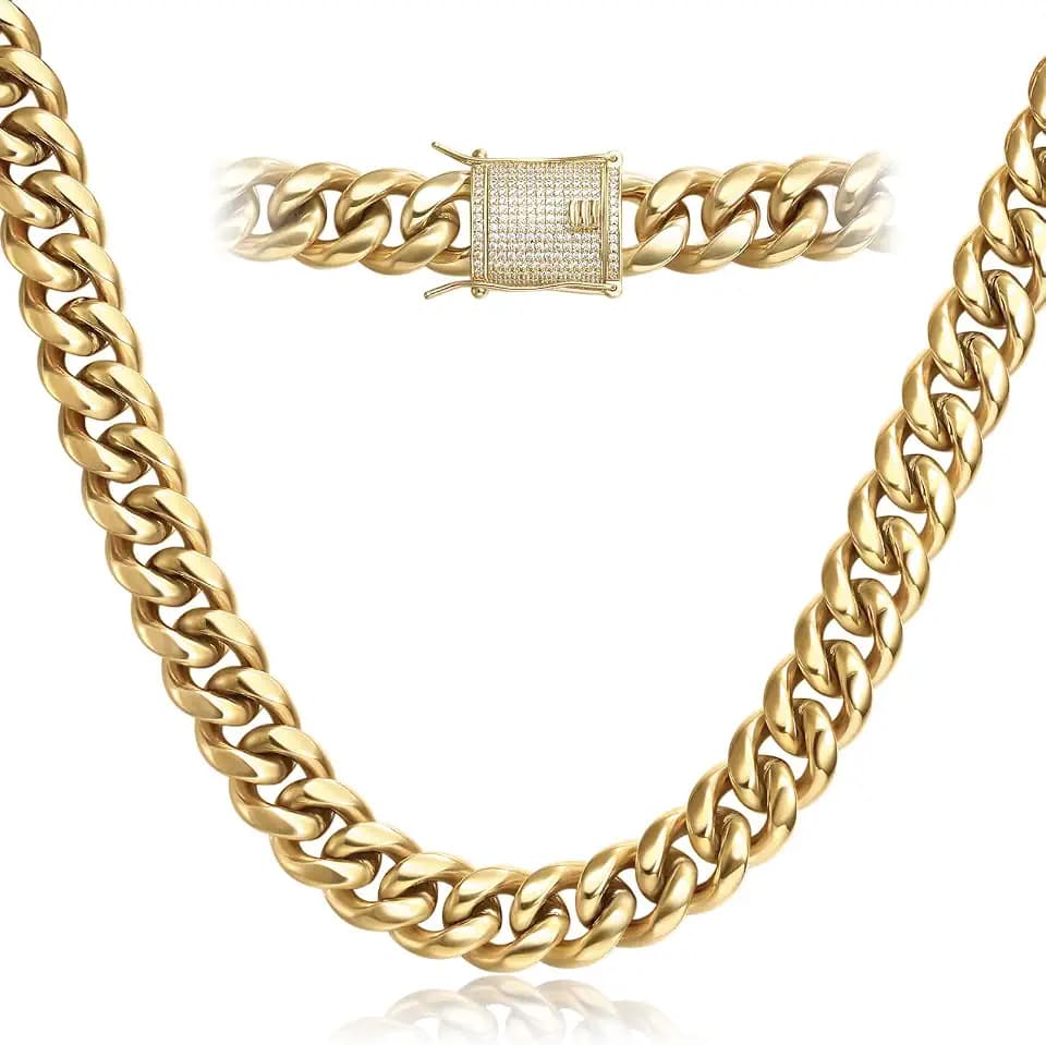 14k Gold Plated Mens Heavy Miami Cuban Link Chain Choker with Lab Diamond Clasp Stainless Steel Hip Hop Thick 8mm-16mm Necklace