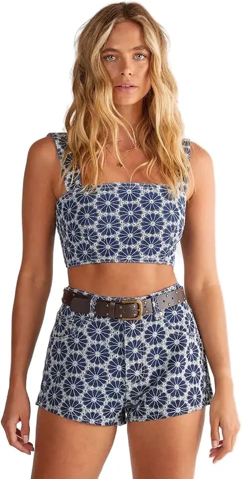 Nasty Gal Women's Denim Floral Embroidered Strappy Crop Top