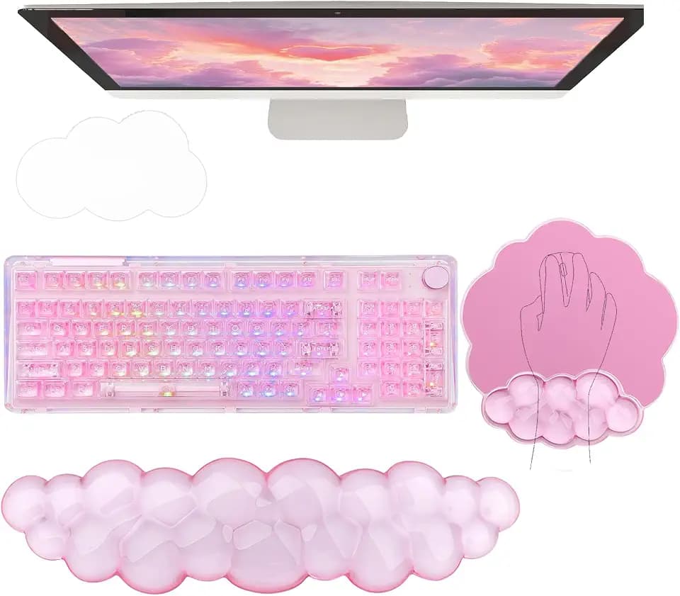 Gel Cloud Wrist Rest Keyboard Clear Pink Mouse Pad with Wrist Rest Set 3PCS Ergonomic Cool Keyboard Wrist Pad Cute Acrylic Coaster Non-Slip Base Cute Transparent Mouse Wrist Pad Support for Computer