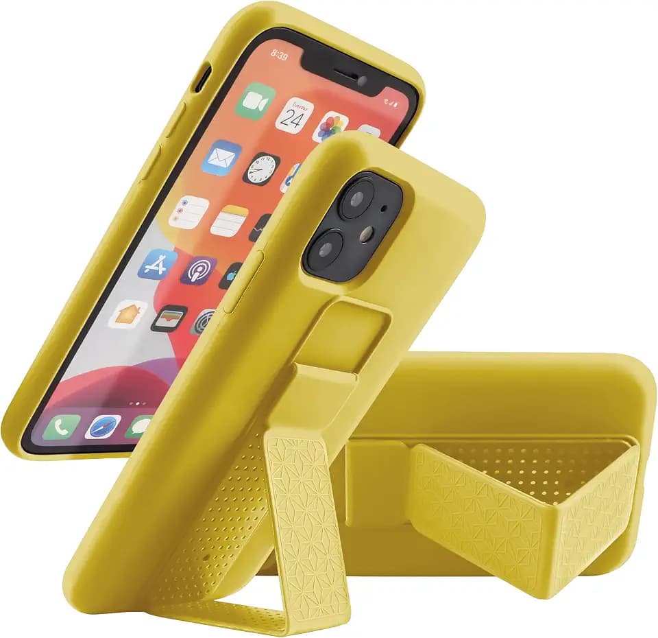 LAUDTEC Silicone Kickstand Case Compatible with iPhone 11, Vertical and Horizontal Stand Hand Strap Metal Kickstand Cover, Flexible Soft Liquid Silicone Stand Case for iPhone 11 (Yellow)