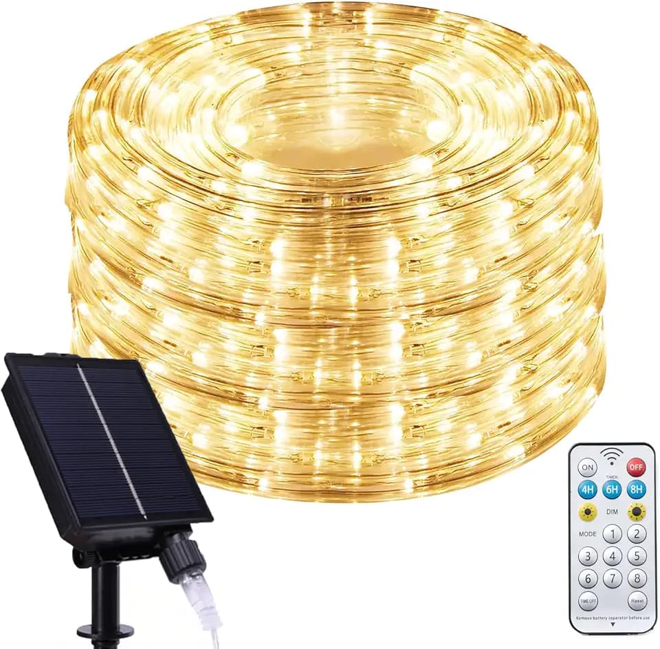Vigdur Solar Rope Lights, 66FT 200 LEDs Warm White Rope Light with Remote