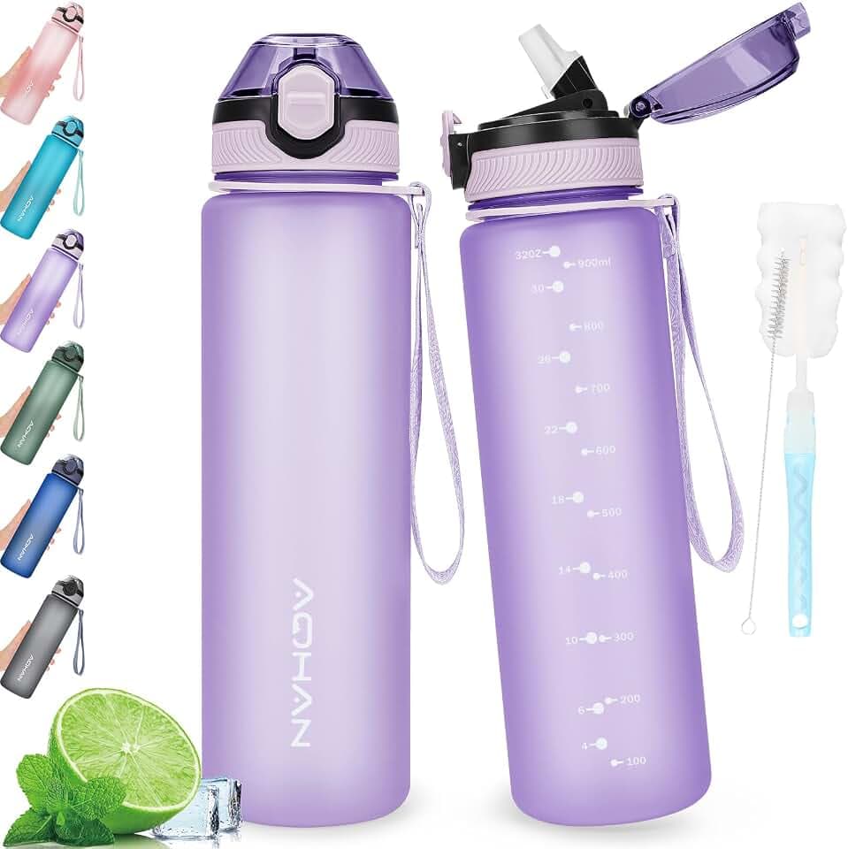 AOHAN Trinkflasche 1L mit auslaufsicherem Klappdeckel, BPA freie Sport Trinkflasche mit Stroh, Wasserflasche Geschirrspüler sichere Wasserflasche ungiftiger Wasserkrug mit Tragegurt