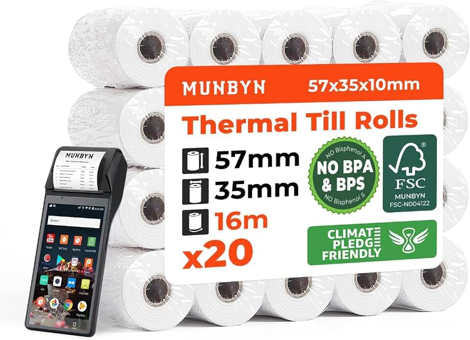 MUNBYN Kassenrollen 57mm x 35mm x16m Ec Rollen Thermopapier, Kasserollen für EPOS, POS, PDQ, Kassensystem, Kinderkamera, Sofortdruckkamera– Thermorollen 57mm – BPS/BPA-frei【20 Rollen】