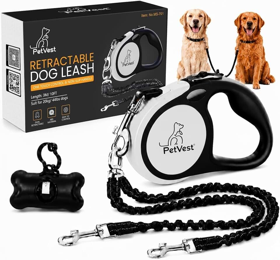 Dual Retractable Dog Leash,10 FT Tangle-Free Leash for 2 Dogs, Detachable for Single Use,One-Button Brake & Lock, Up to 44 lbs Each, 360° Swivel, Non-Slip Handle + Poop Bag Holder (Grey)