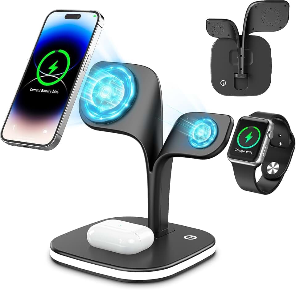 COLSUR Ladegerät 5 in 1 Induktive Ladestation für iPhone 17/16/15/14/13/12 Pro Max Serie, Schnellladegerät Apple Watch 10/9/8/7/6/5/4/SE/2/Ultra, Wireless Charger AirPods 4/3/2/Pro - Schwarz