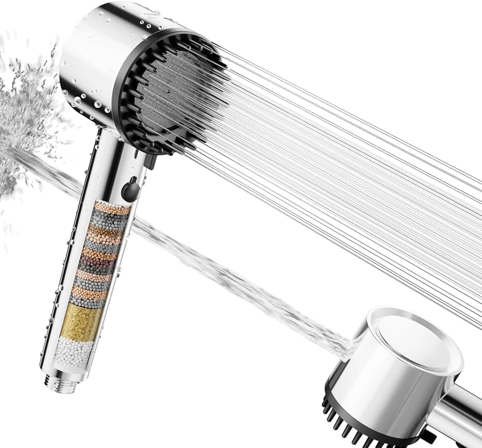 Cobbe Duschkopf mit Filter, Hochdruck Handbrause mit Filtration in 20 Schichten, Duschkopf Wassersparend mit 5 Strahlarten, Sparduschkopf für Hartes Wasser,Rest-Chlor,Bakterien(Chrom)