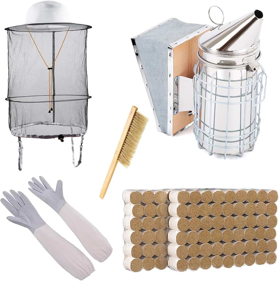 ZffXH 5Pcs Bee Hive Kit, Bee Smoker for Beekeeping Included Bee Hive Smoker with Bee Smoker Pellets(108Pack), Beekeeping Veil Hat with Gloves, Wooden Bees Brushes, Beekeeping Supplies for Beekeeper