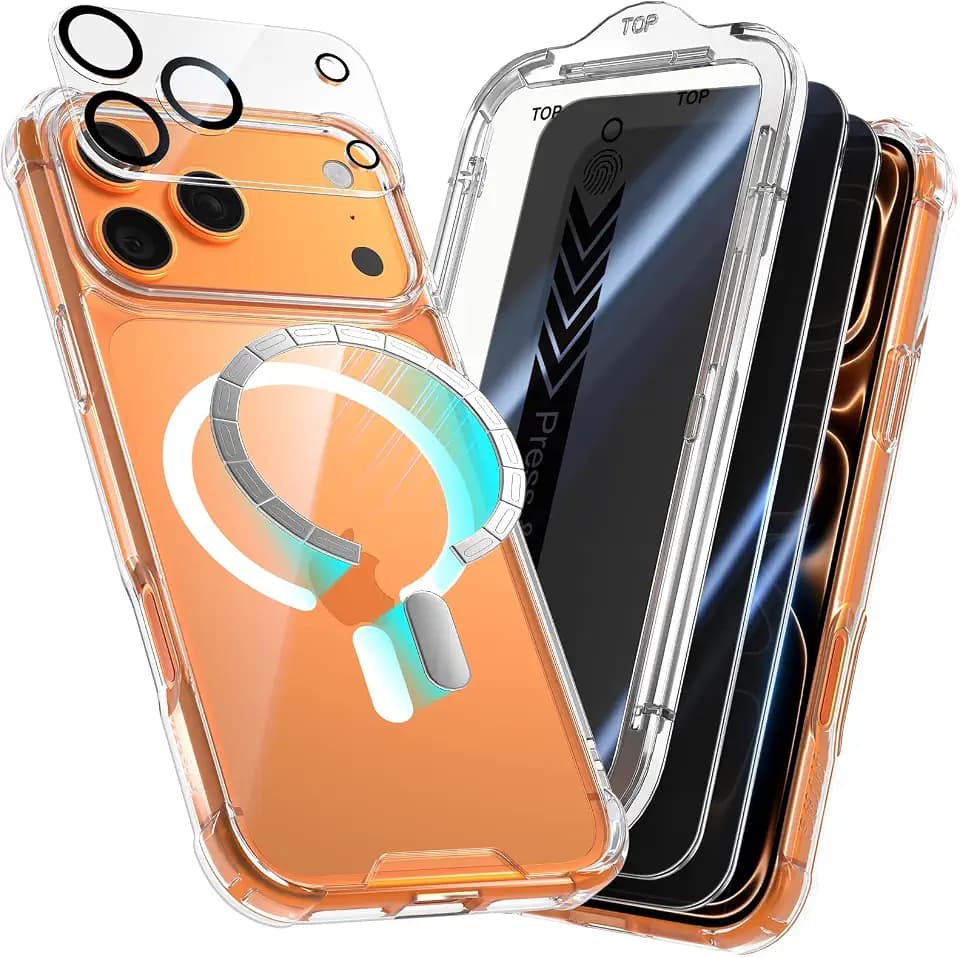 EZ-GLAZ for iPhone 17 Pro Max Case, [Magnetic Series] [Not Yellowing] Military-Grade 4-Corner Shockproof Case, Fits MagSafe, with 2 Pack Privacy Screen Protector & 1 Pack Camera Lens Cover, Clear