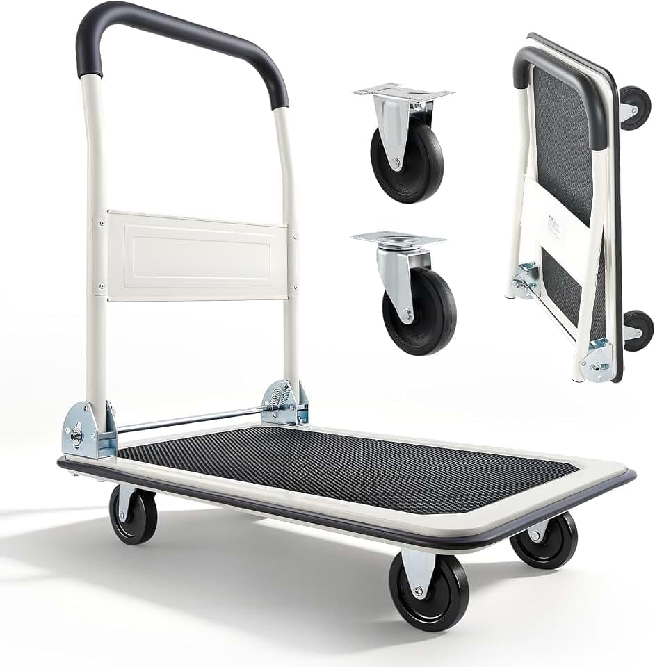 VEVOR Plattformwagen Klappbar 150 kg, Transportwagen mit Lenkrolle, Handwagen Ladefläche mit Anti-Rutsch-Beschichtung, Transporthilfe für Einfache Aufbewahrung, 735x480x825 mm Rollwagen