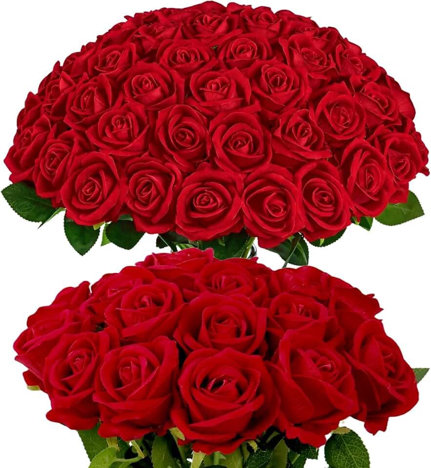 50 Pcs Artificial Red Roses, Fake Red Roses Bulk Realistic Silk Faux Rose with Stems for DIY Wedding Bouquets, Centerpieces, Bridal Bouquet, Romantic Floral Arrangement & Home Decor Gifts