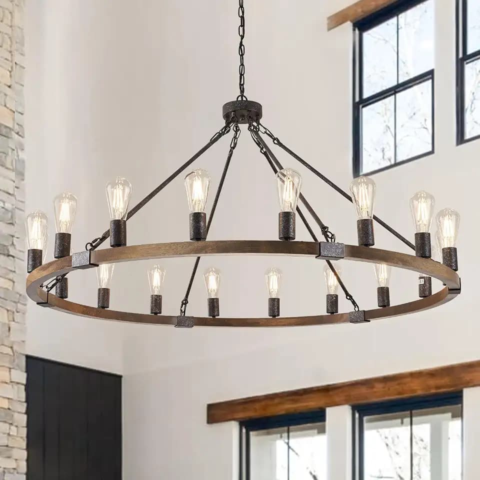 Benkut Farmhouse Wagon Wheel Chandelier 47" 18-Light Rustic Wood Chandelier