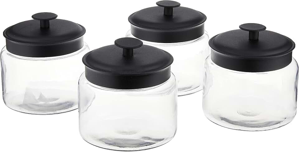 Anchor Hocking Montana Glass Jars with Fresh Sealed Lids, Black Metal, 48 oz (Set of 4) -
