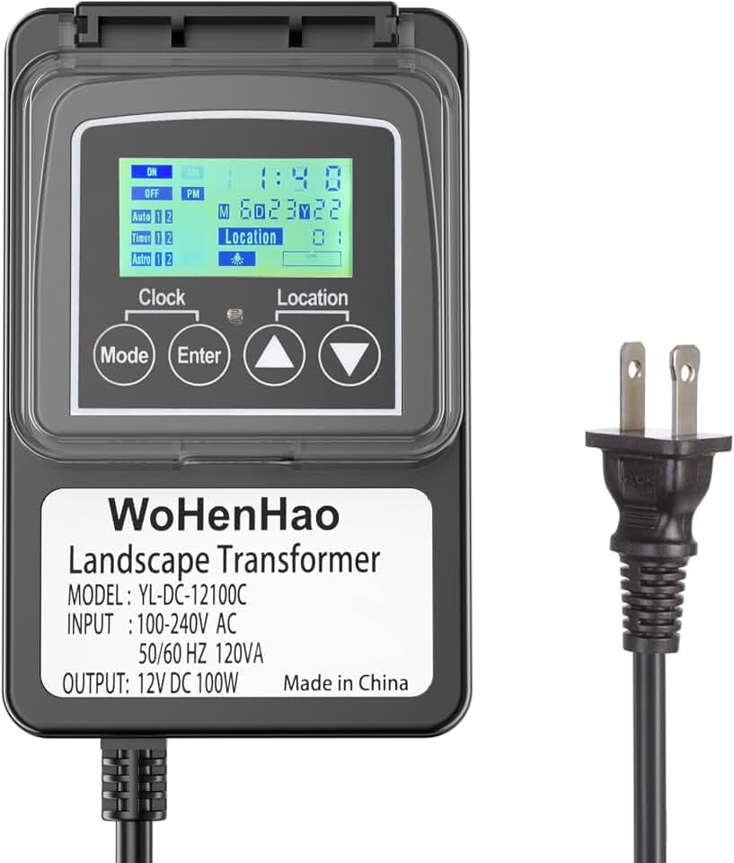 Wohenhao 100W Low Voltage Lighting Transformer for 12V DC Output Low Voltage Landscape Lights, 100-240V AC to 12V DC Output Landscape Lights Transformer, with Astronomic Timer