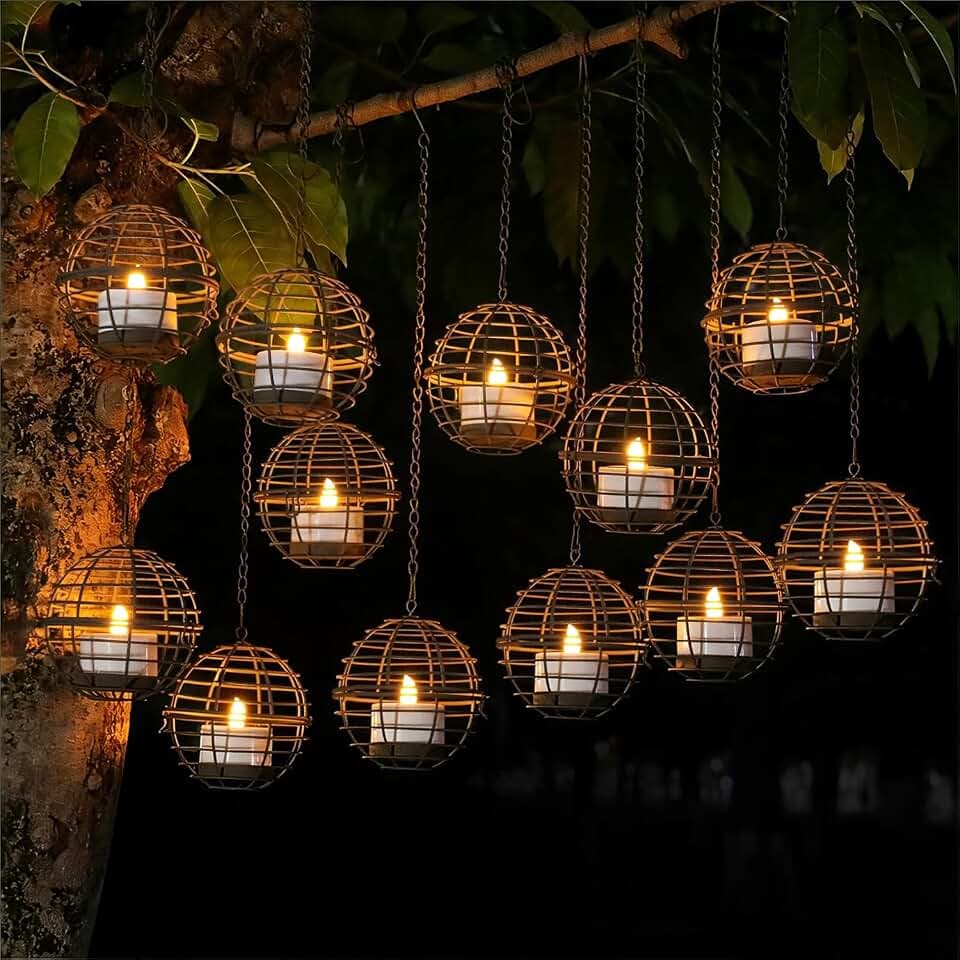 Large Solar Lights Outdoor Hanging Lanterns 12 Pack, Rustic Iron 4.3" Ball Solar Tea Lights with Flickering Flame Candle, Waterproof Hanging Lights for Backyard Patio Garden Fence Tree Pergola Décor