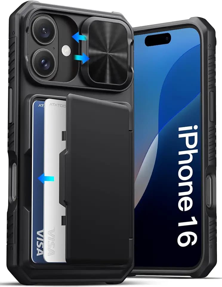 ATATOO for iPhone 16 Case Wallet, Built-in Card Holder (3-5 Cards), Black