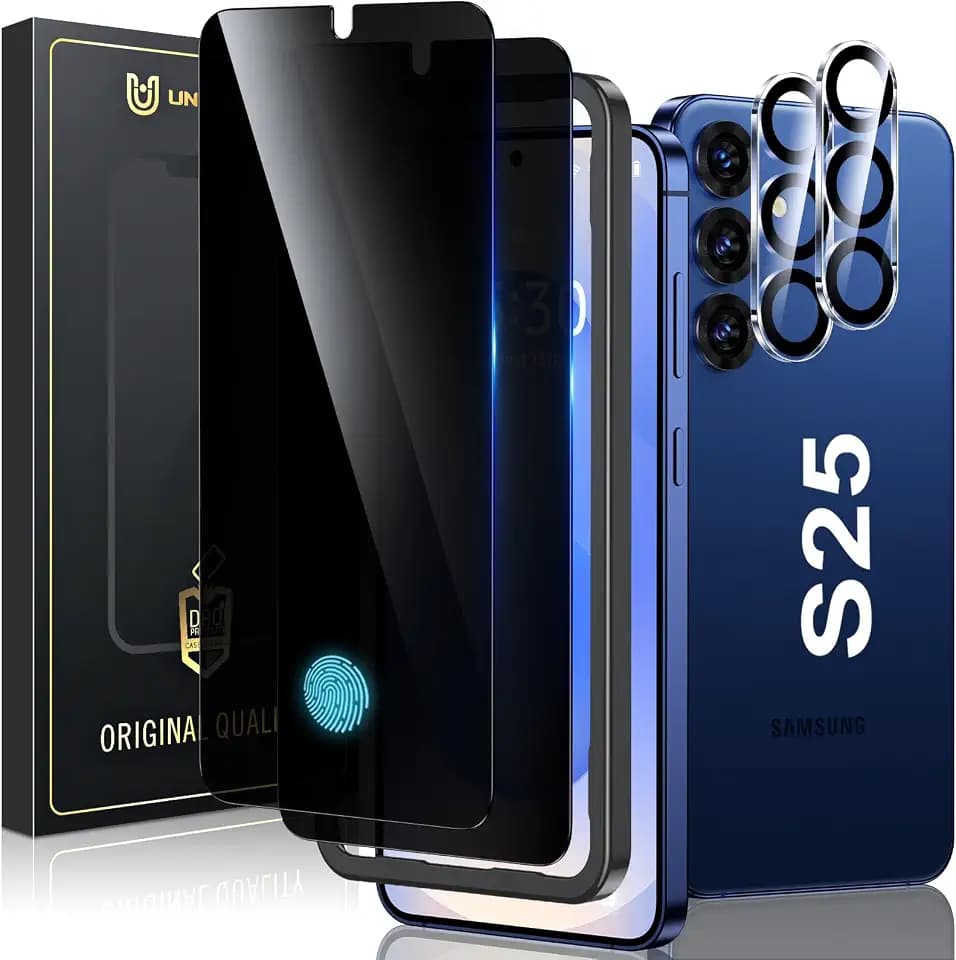 UniqueMe for Samsung Galaxy S25 6.2 inch Privacy Screen Protector,【Ultrasonic Fingerprint Compatible】[2+2 Pack] 9H Tempered Glass and Camera Lens Protector
