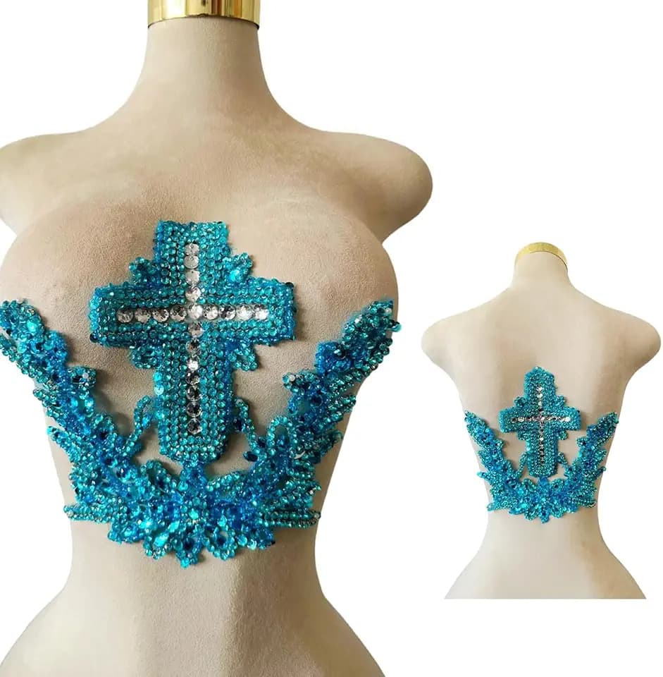 Handmade Cross Bead Embroidery Patch Handmade Rhinestones Applique Creative Design Clothing Decoration for Wedding Dress Predecessor or Men's Suit Back (Sky Blue)