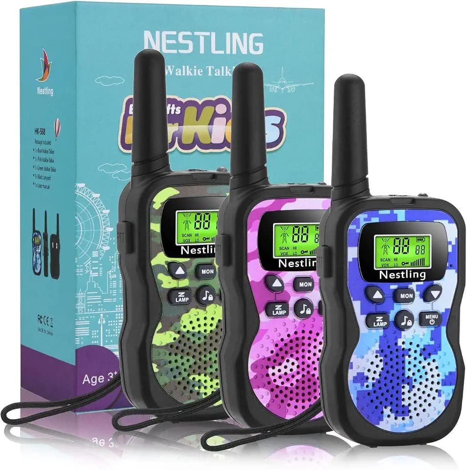 Nestling Walkie Talkies für Kinder 3 Stück, 8 Kanal Funkgerät mit Hintergrundbeleuchteter LCD-Taschenlampe, Geschenke Spielzeug für 3-12 Jahre Jungen Mädchen, Abenteuer im Freien, Camping, Wandern