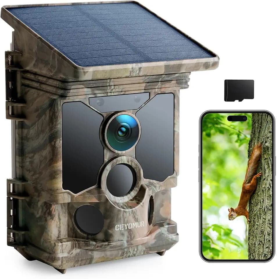 CEYOMUR Solar Wildkamera mit Handyübertragung App, 4K 68MP UHD Wildkamera WLAN mit 5200mAh Akku, Wildtierkamera mit 120° Bewegungsmelder Nachtsicht IP66 Wasserdicht mit U3 32GB Micro SD-Karte
