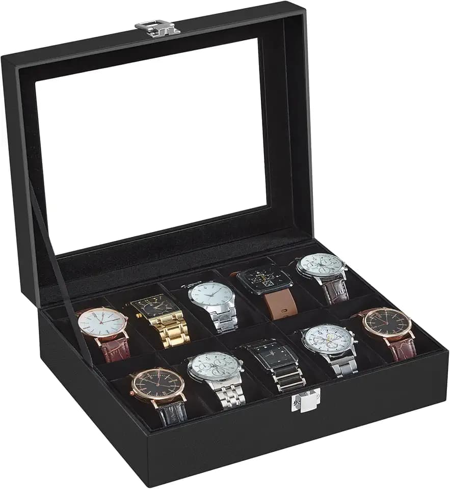 SONGMICS Uhrenbox, 10 Fächer, mit Glasdeckel, aus PU-Leder