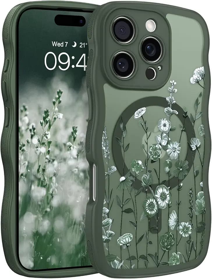 GUAGUA for iPhone 16 Pro Max Case, Magnetic Cases Cute Flower Pattern Wavy Edge Full Camera Protection Anti-Slip Bumper Women Girls Boys Slim Protective Phone Case for iPhone 16 Pro Max 6.9'', Green