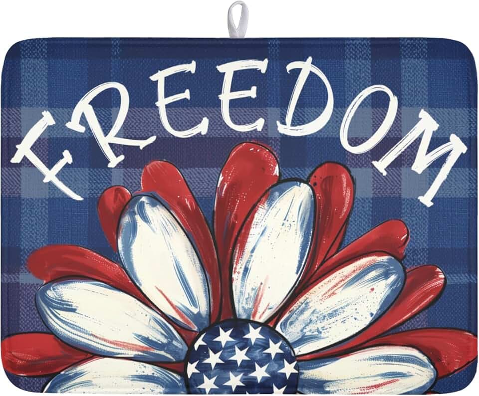 4th of July Dish Drying Mat 24x18 Inch, Patriotic Drying Mat with Absorbent Reversible Microfiber, Independence Day Dish Drainer Mats Memorial Day Rack Pad for Coffee Countertop Kitchen Protector