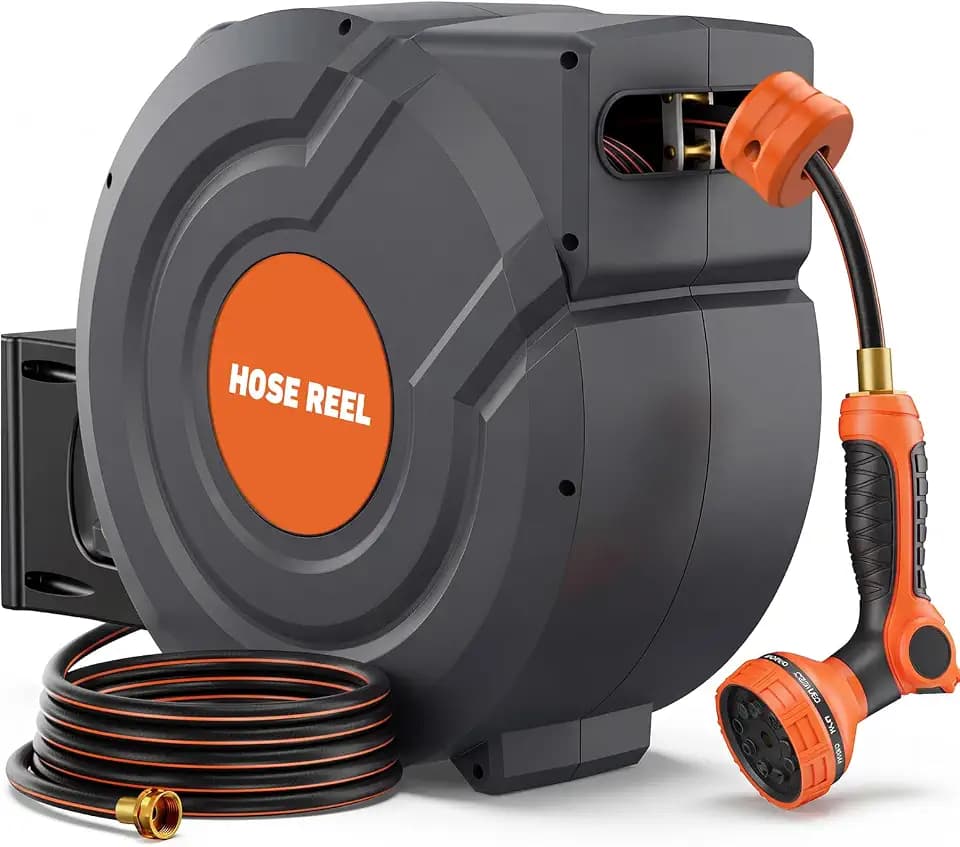 Upgraded Retractable Garden Hose Reel 5/8 inch x 100 ft Wall-Mounted 9 Pattern Nozzle Any Length Lock Automatic Slow Return 180° Swivel UV Resistant Heavy Duty Hose Reels for Outside