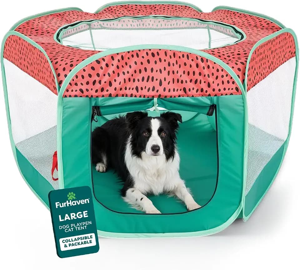 FurHaven Soft-Sided Dog & Cat Playpen, Portable Foldable Indoor & Outdoor Pet Playpen with Mesh Windows & Zippered Door, Green & Pink, Large